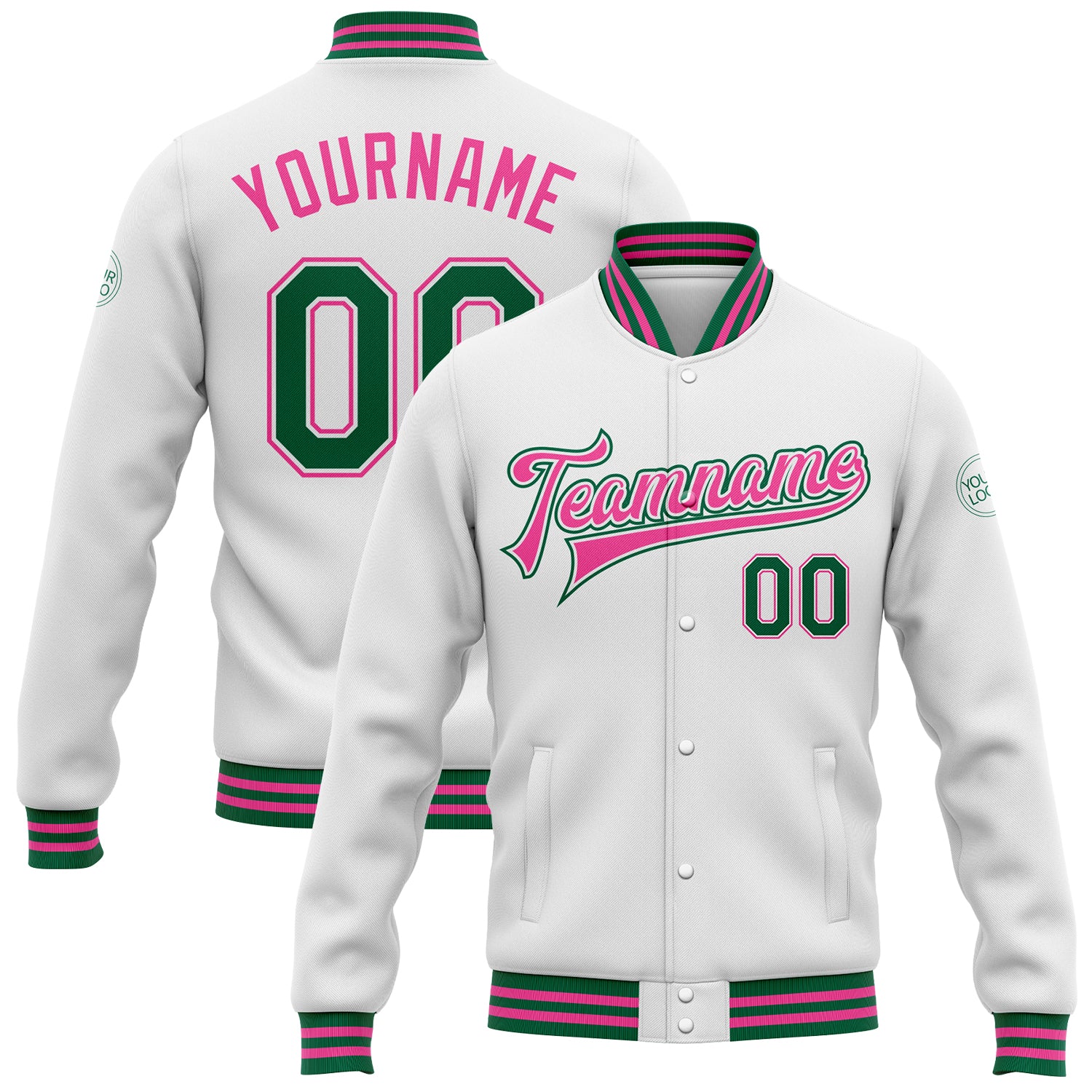 Custom Name and Number Personalized Bomber Varsity Letterman Jacket in White Kelly Green-Pink Personalized White Kelly Green-Pink
