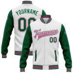 Personalized Two Tone Bomber Varsity Jacket in White Kelly Green and Pink, Full-Snap Letterman Style Personalized White Kelly