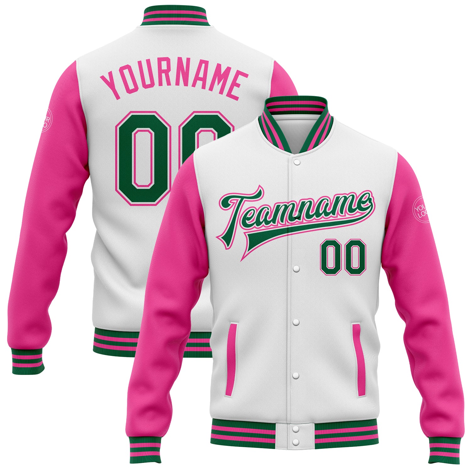 Custom Varsity Letterman Jacket - Personalized Two Tone White Kelly Green-Pink Full-Snap with Team Name and Number Personalized
