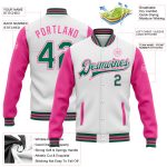 Custom Varsity Letterman Jacket - Personalized Two Tone White Kelly Green-Pink Full-Snap with Team Name and Number Personalized