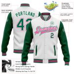 Personalized Two Tone Bomber Varsity Jacket in White Kelly Green and Pink, Full-Snap Letterman Style Personalized White Kelly