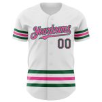 Custom Name and Number Personalized Baseball Jersey in White Kelly Green and Pink Line Design Personalized White Kelly Green-Pink