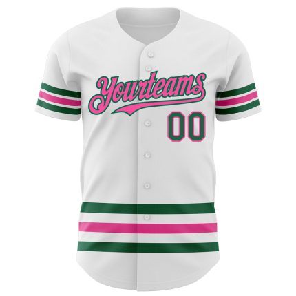 Custom Name and Number Personalized Baseball Jersey in White Kelly Green and Pink Line Design Personalized White Kelly Green-Pink
