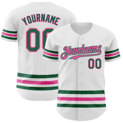 Custom Name and Number Personalized Baseball Jersey in White Kelly Green and Pink Line Design Personalized White Kelly Green-Pink