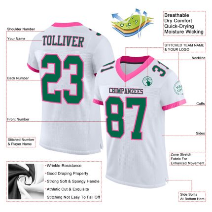 Custom Name and Number Personalized Football Jersey - White Kelly Green-Pink Mesh Authentic Jersey Personalized White Kelly
