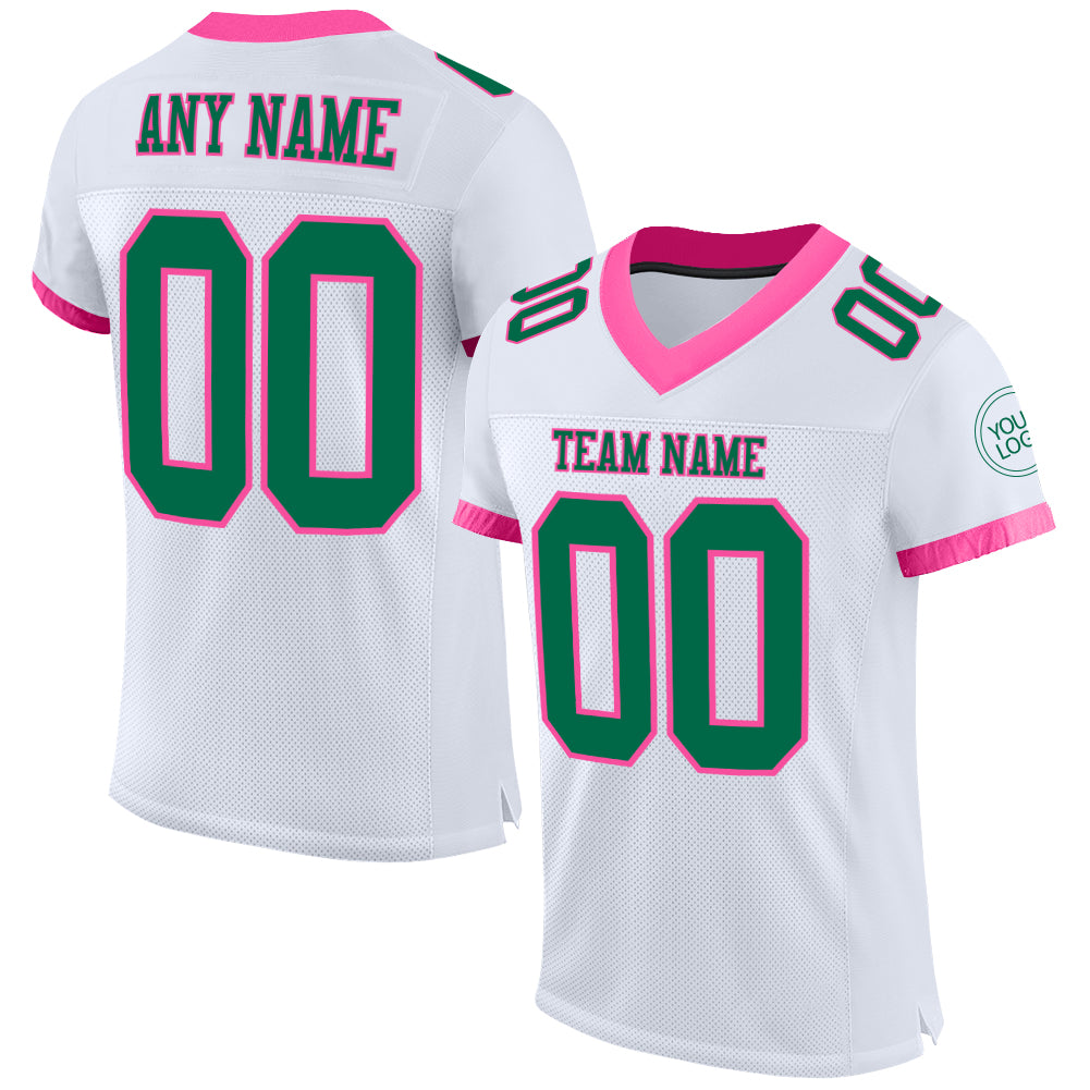 Custom Name and Number Personalized Football Jersey - White Kelly Green-Pink Mesh Authentic Jersey Personalized White Kelly