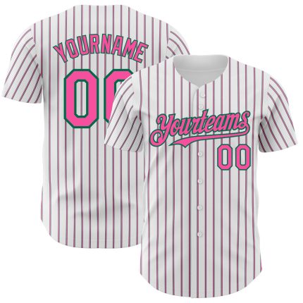 Custom Baseball Jersey with Personalized Name and Number in White, Kelly Green, and Pink Pinstripe Personalized White (Kelly