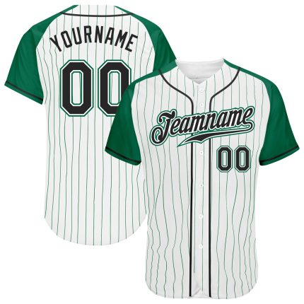Custom Name and Number Baseball Jersey in White Kelly Green Pinstripe with Authentic Raglan Sleeves Personalized White Kelly
