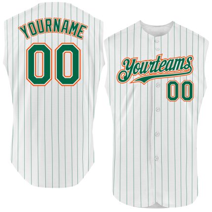 Customizable Authentic Baseball Jersey - Personalized Green Pinstripe Sleeveless with Name & Number - White and Gold Personalized