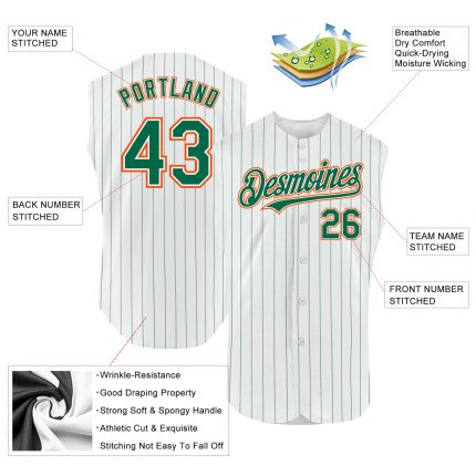 Customizable Authentic Baseball Jersey - Personalized Green Pinstripe Sleeveless with Name & Number - White and Gold Personalized