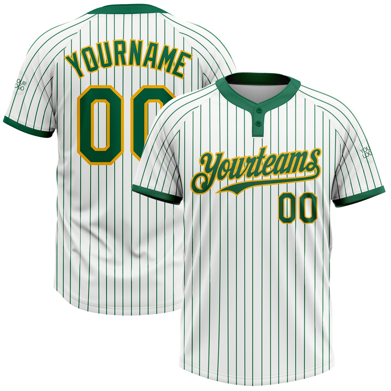 Custom Name Number Unisex Softball Jersey Personalized White Kelly Green Pinstripe Two-Button Gold Design Personalized White