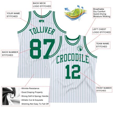 Custom Kelly Green Pinstripe Basketball Jersey with Personalized Name and Number - Authentic White Design Personalized White