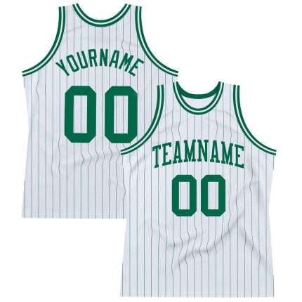 Custom Kelly Green Pinstripe Basketball Jersey with Personalized Name and Number - Authentic White Design Personalized White