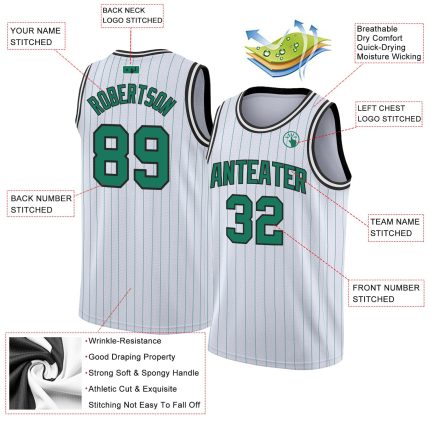 Custom Personalized Basketball Jersey with Team Name and Number, White Kelly Green Pinstripe Authentic Style Personalized