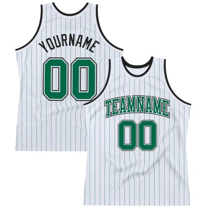 Personalized Kelly Green Black Pinstripe Basketball Jersey - Authentic White Design Personalized White Kelly Green Pinstripe
