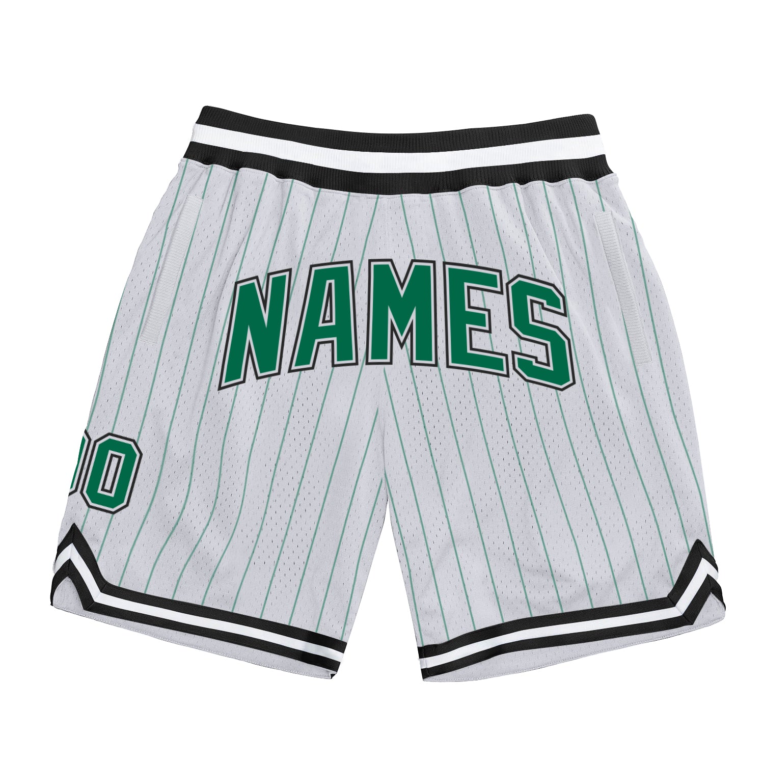 Custom Name and Number Basketball Shorts - Personalized Authentic Kelly Green Pinstripe, Team Colors: White & Black Personalized