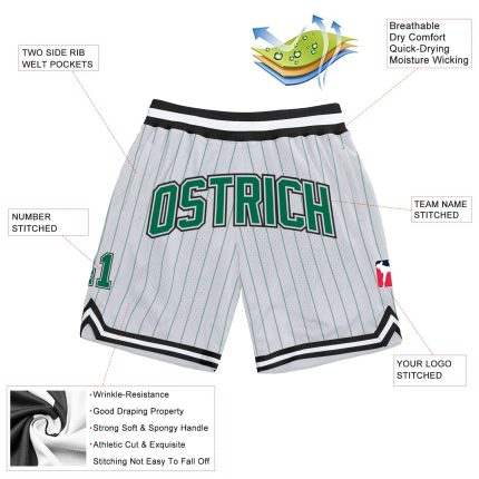 Custom Name and Number Basketball Shorts - Personalized Authentic Kelly Green Pinstripe, Team Colors: White & Black Personalized