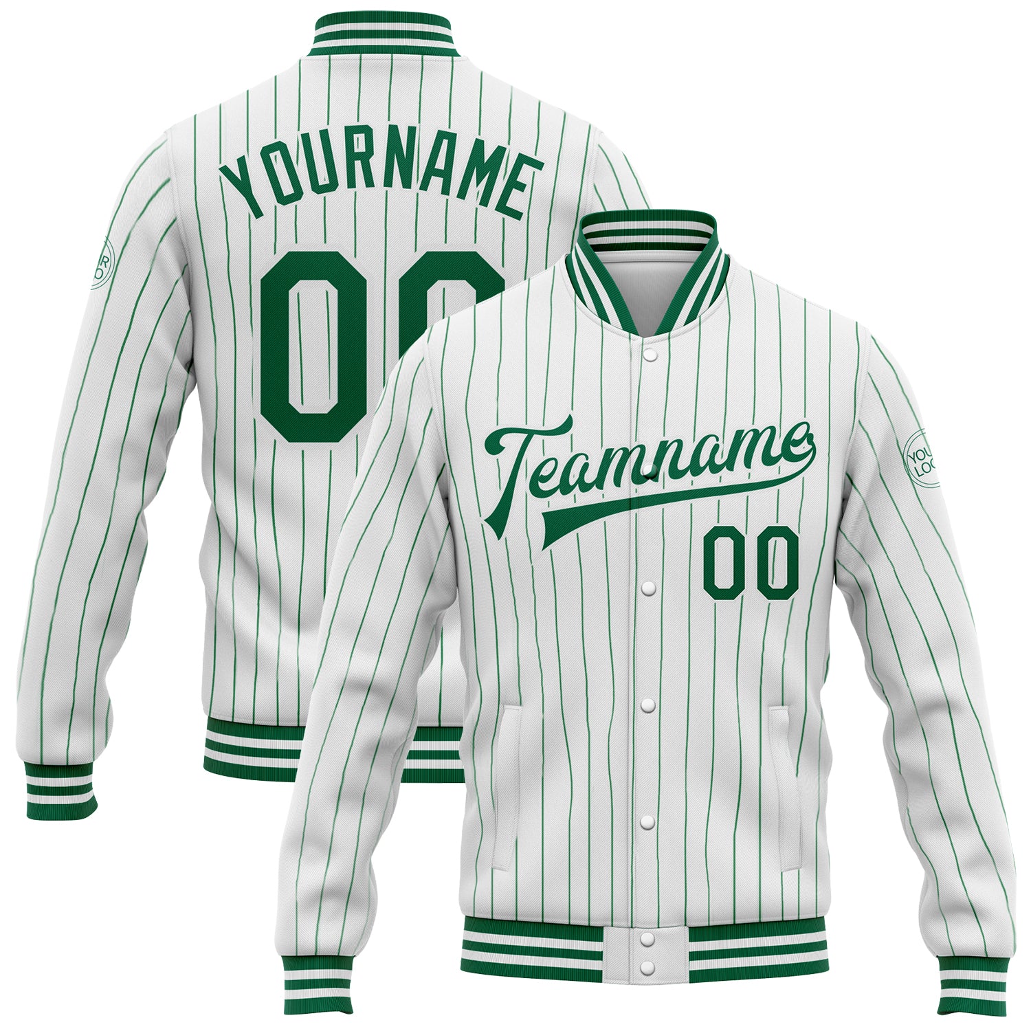 Custom Team Name and Number Bomber Varsity Jacket Personalized Kelly Green Pinstripe Full-Snap White Personalized White Kelly