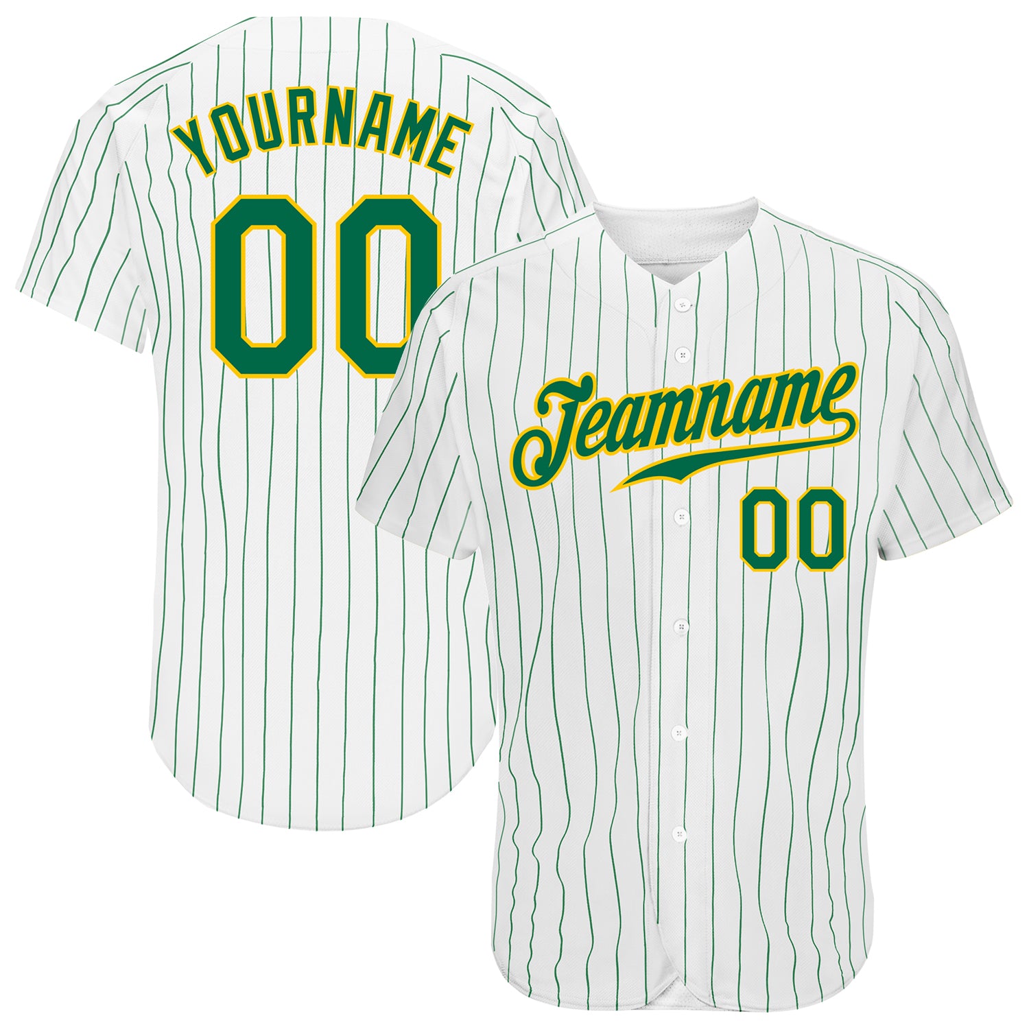 Personalized Authentic Baseball Jersey in White and Kelly Green Pinstripe with Gold accents Personalized White Kelly Green