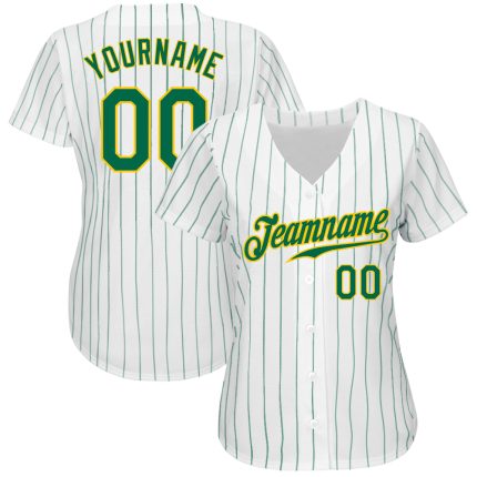 Personalized Authentic Baseball Jersey in White and Kelly Green Pinstripe with Gold accents Personalized White Kelly Green