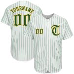 Custom Personalized Authentic Baseball Jersey - White Kelly Green Pinstripe with Gold Name and Number Personalized White