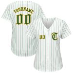 Custom Personalized Authentic Baseball Jersey - White Kelly Green Pinstripe with Gold Name and Number Personalized White