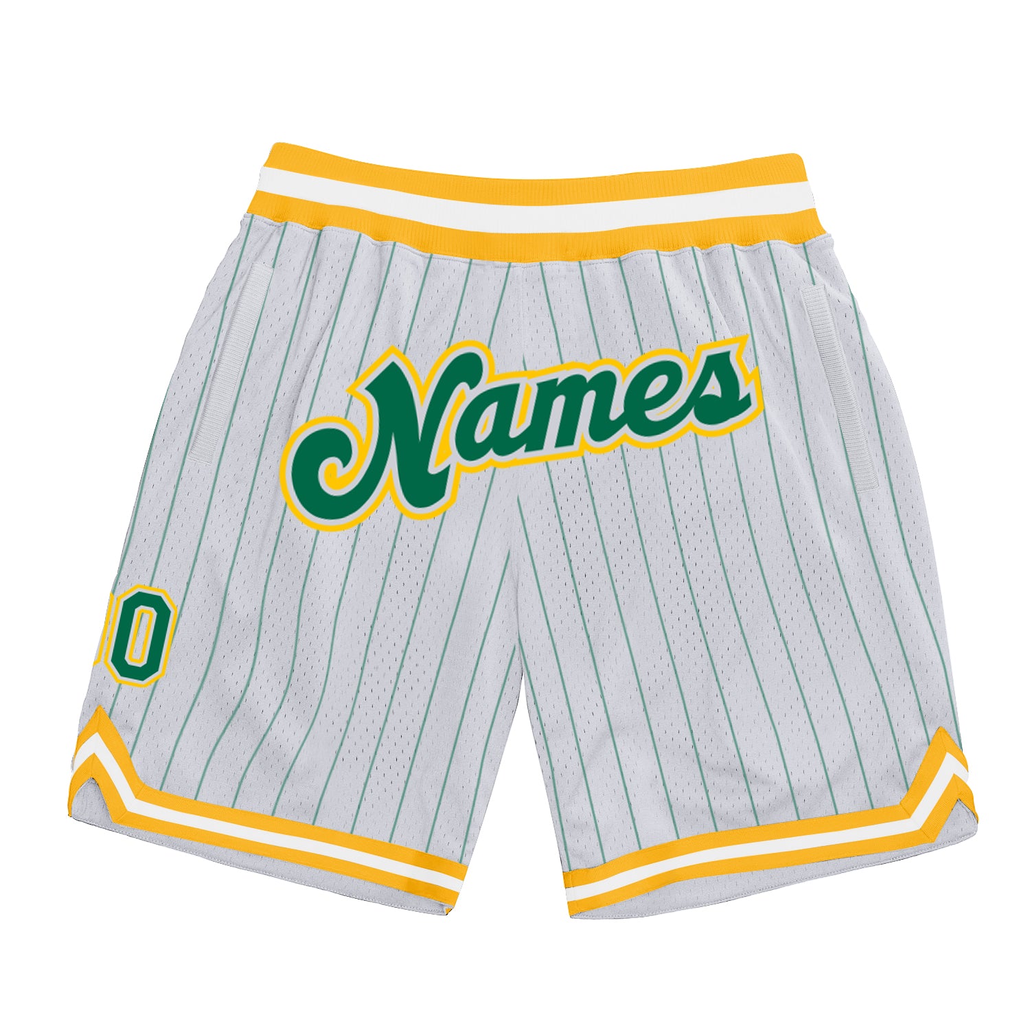 Custom Personalized Basketball Shorts with Name and Number in White and Kelly Green Pinstripe - Authentic Athletic Gear Personalized