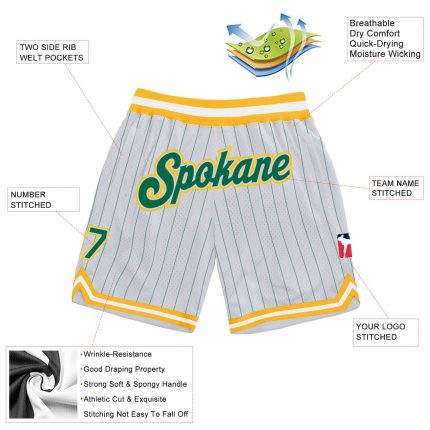 Custom Personalized Basketball Shorts with Name and Number in White and Kelly Green Pinstripe - Authentic Athletic Gear Personalized