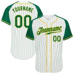 Customizable Green and Gold Pinstripe Baseball Jersey - Authentic Raglan Sleeves, Personalized Name and Number Personalized