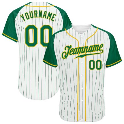 Customizable Green and Gold Pinstripe Baseball Jersey - Authentic Raglan Sleeves, Personalized Name and Number Personalized