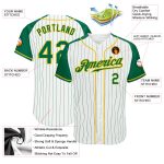 Customizable Green and Gold Pinstripe Baseball Jersey - Authentic Raglan Sleeves, Personalized Name and Number Personalized