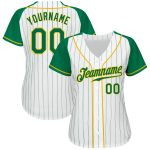 Customizable Green and Gold Pinstripe Baseball Jersey - Authentic Raglan Sleeves, Personalized Name and Number Personalized