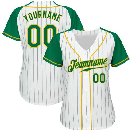 Customizable Green and Gold Pinstripe Baseball Jersey - Authentic Raglan Sleeves, Personalized Name and Number Personalized