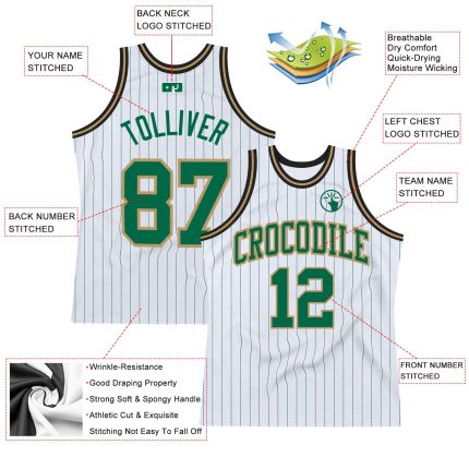 Custom Team Basketball Jersey - Personalized White Kelly Green Pinstripe with Name and Number - Authentic Old Gold Black