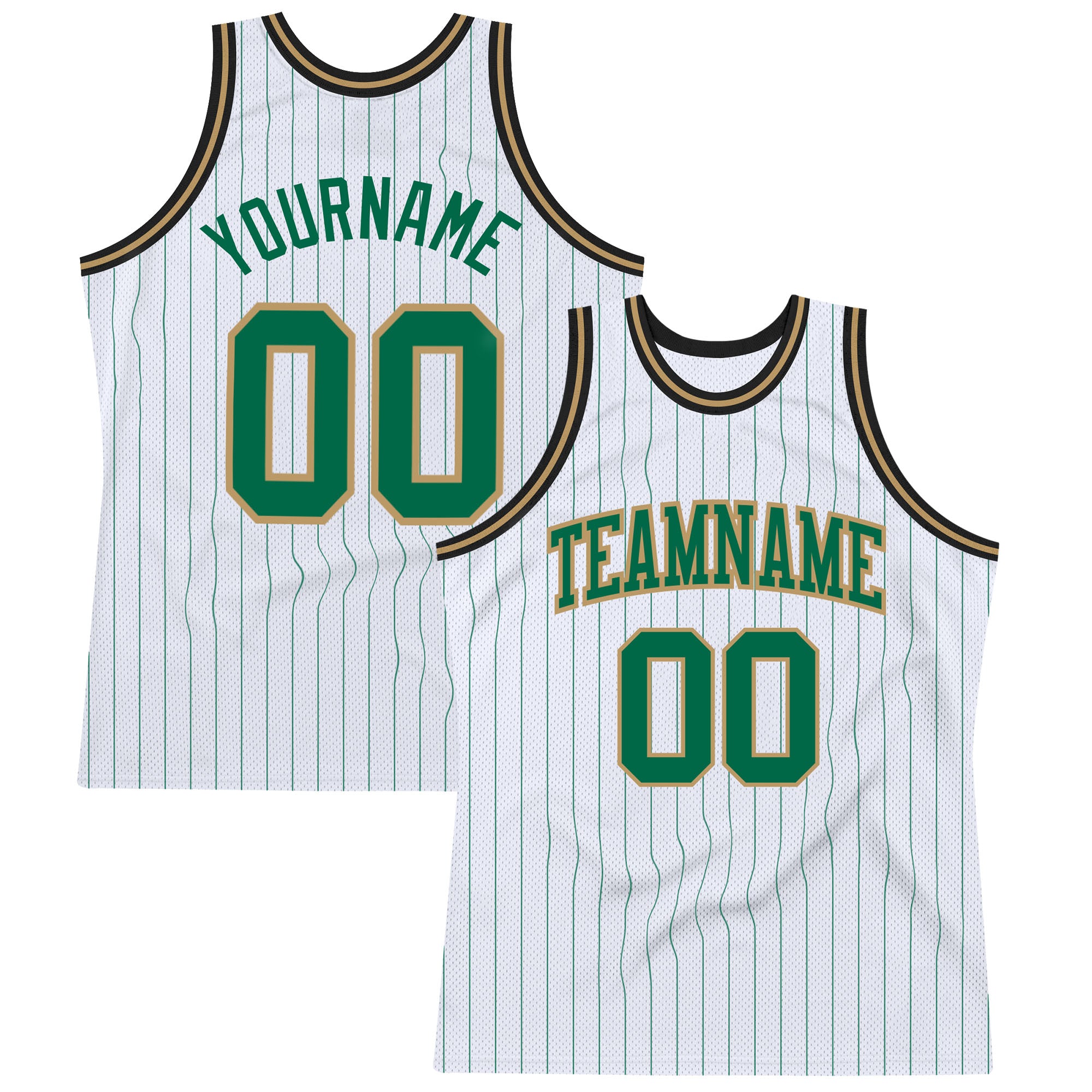 Custom Team Basketball Jersey - Personalized White Kelly Green Pinstripe with Name and Number - Authentic Old Gold Black