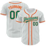 Custom Name and Number Authentic Baseball Jersey - Personalized White Kelly Green Pinstripe with Kelly Green and Orange Details