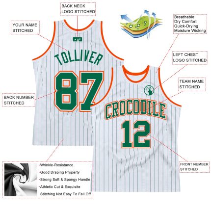 Custom Name Number Personalized Basketball Jersey - White Kelly Green Pinstripe Orange, Authentic Team Gear Personalized