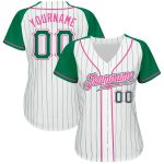 Custom Name and Number Personalized Baseball Jersey - Authentic White and Kelly Green Pinstripe Raglan Sleeves Personalized