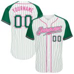 Custom Name and Number Personalized Baseball Jersey - Authentic White and Kelly Green Pinstripe Raglan Sleeves Personalized