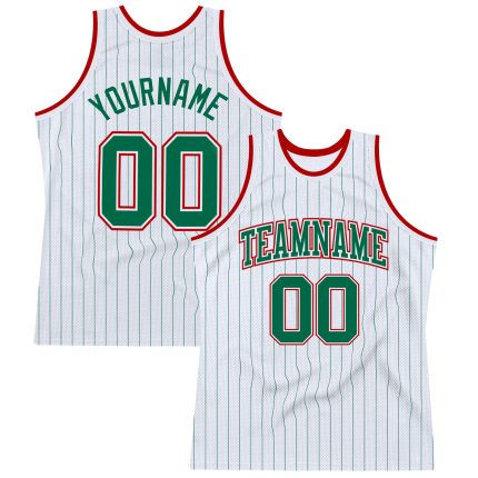 Custom Personalized Basketball Jersey with Name and Number - Green-Red Pinstripe Authentic Style Personalized White Kelly
