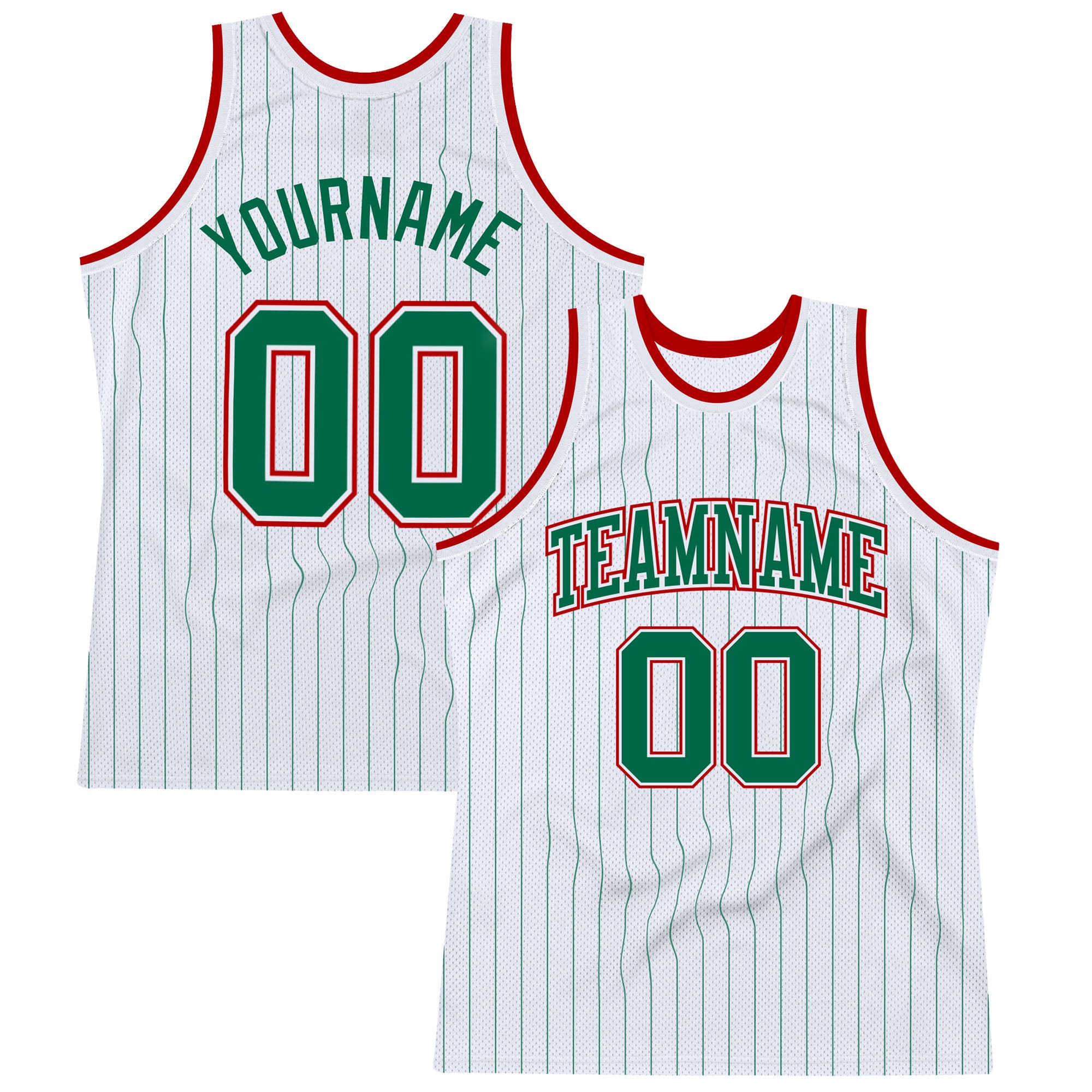 Custom Personalized Basketball Jersey with Name and Number - Green-Red Pinstripe Authentic Style Personalized White Kelly