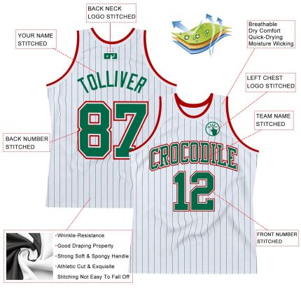 Custom Personalized Basketball Jersey with Name and Number - Green-Red Pinstripe Authentic Style Personalized White Kelly