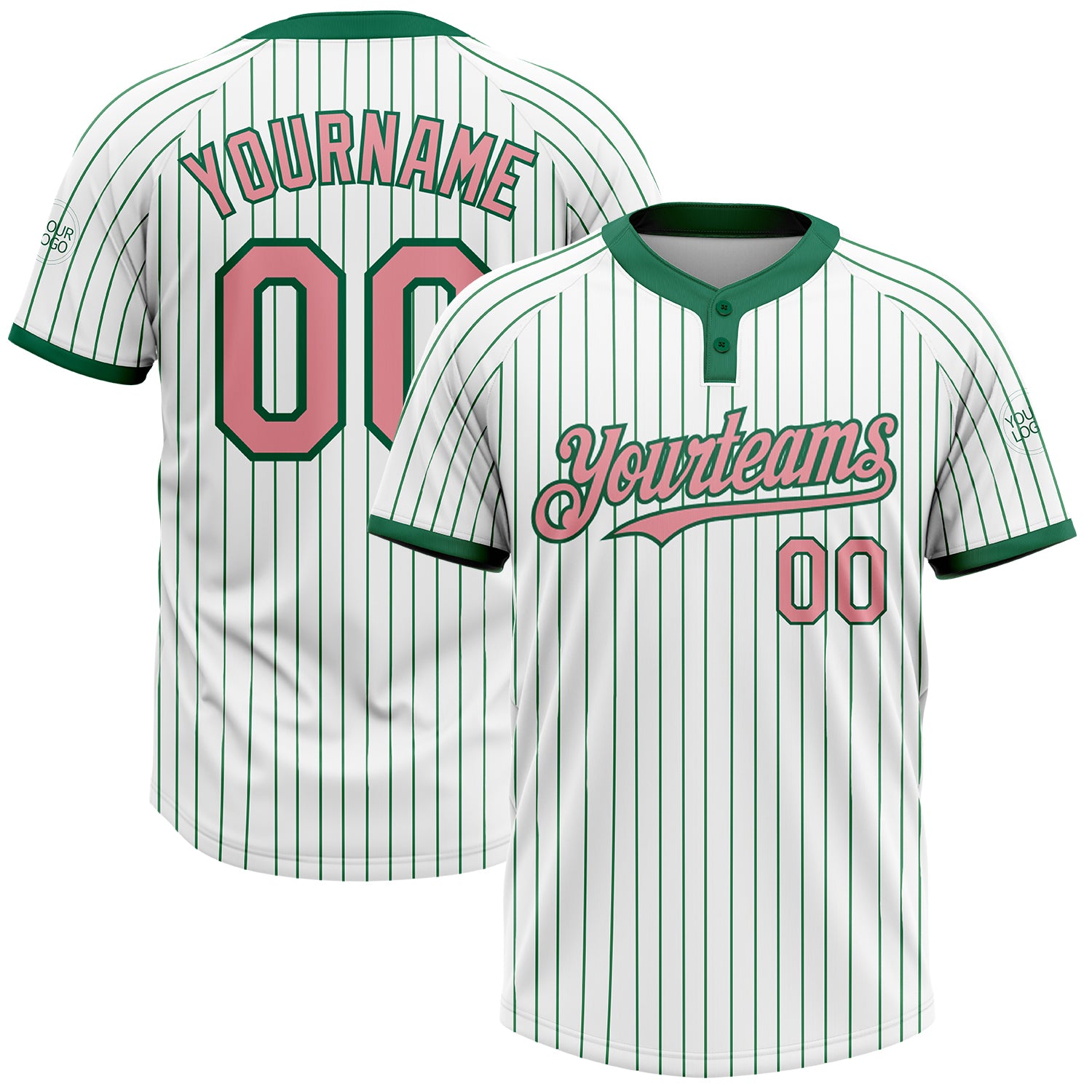 Custom Name and Number Unisex Softball Jersey Pink Two-Button Medium White Kelly Green Pinstripe Personalized White Kelly