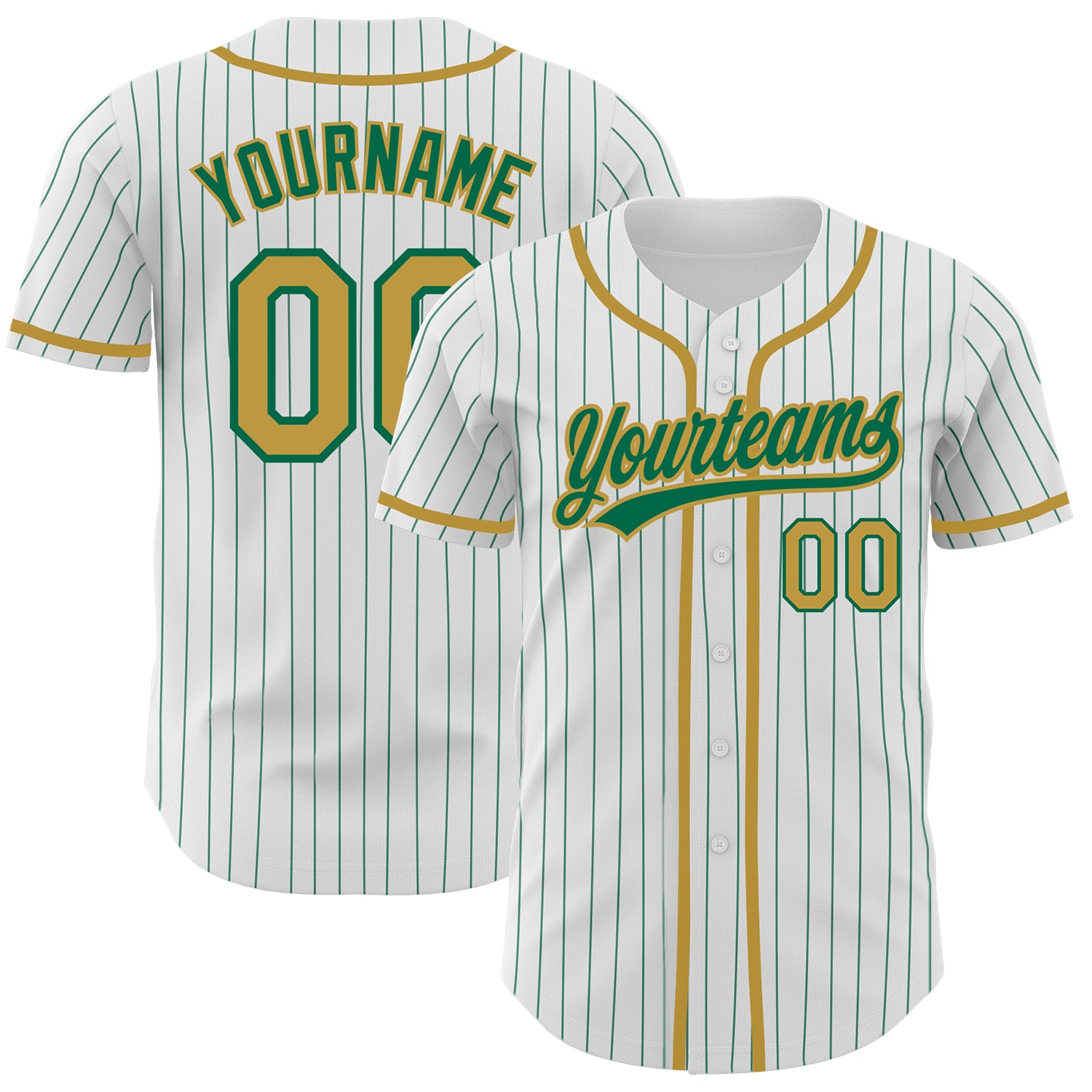 Personalized Custom Name and Number Baseball Jersey - White Kelly Green Pinstripe Old Gold Authentic Style Personalized White