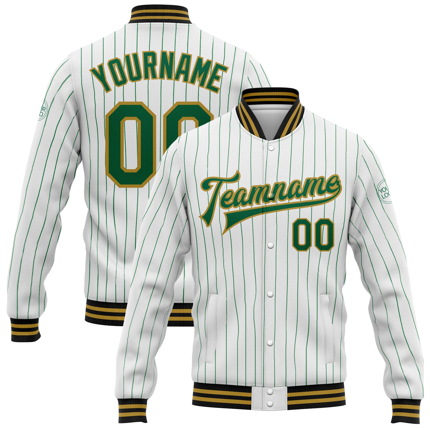 Custom Varsity Jacket with Personalized Name and Number, White Kelly Green Pinstripe, Old Gold-Black Bomber Full-Snap Design