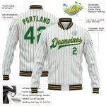 Custom Varsity Jacket with Personalized Name and Number, White Kelly Green Pinstripe, Old Gold-Black Bomber Full-Snap Design