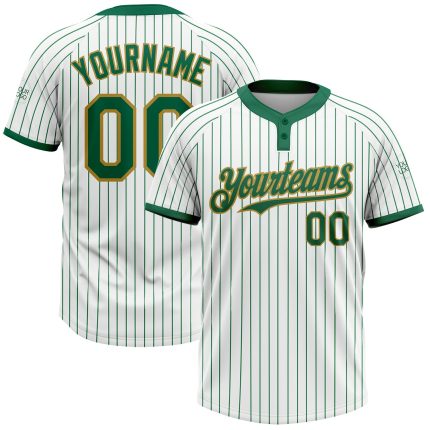 Custom Name and Number White Kelly Green Pinstripe Softball Jersey Unisex Two-Button Old Gold Personalized White Kelly Green