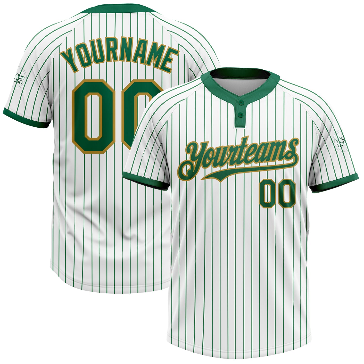 Custom Name and Number White Kelly Green Pinstripe Softball Jersey Unisex Two-Button Old Gold Personalized White Kelly Green