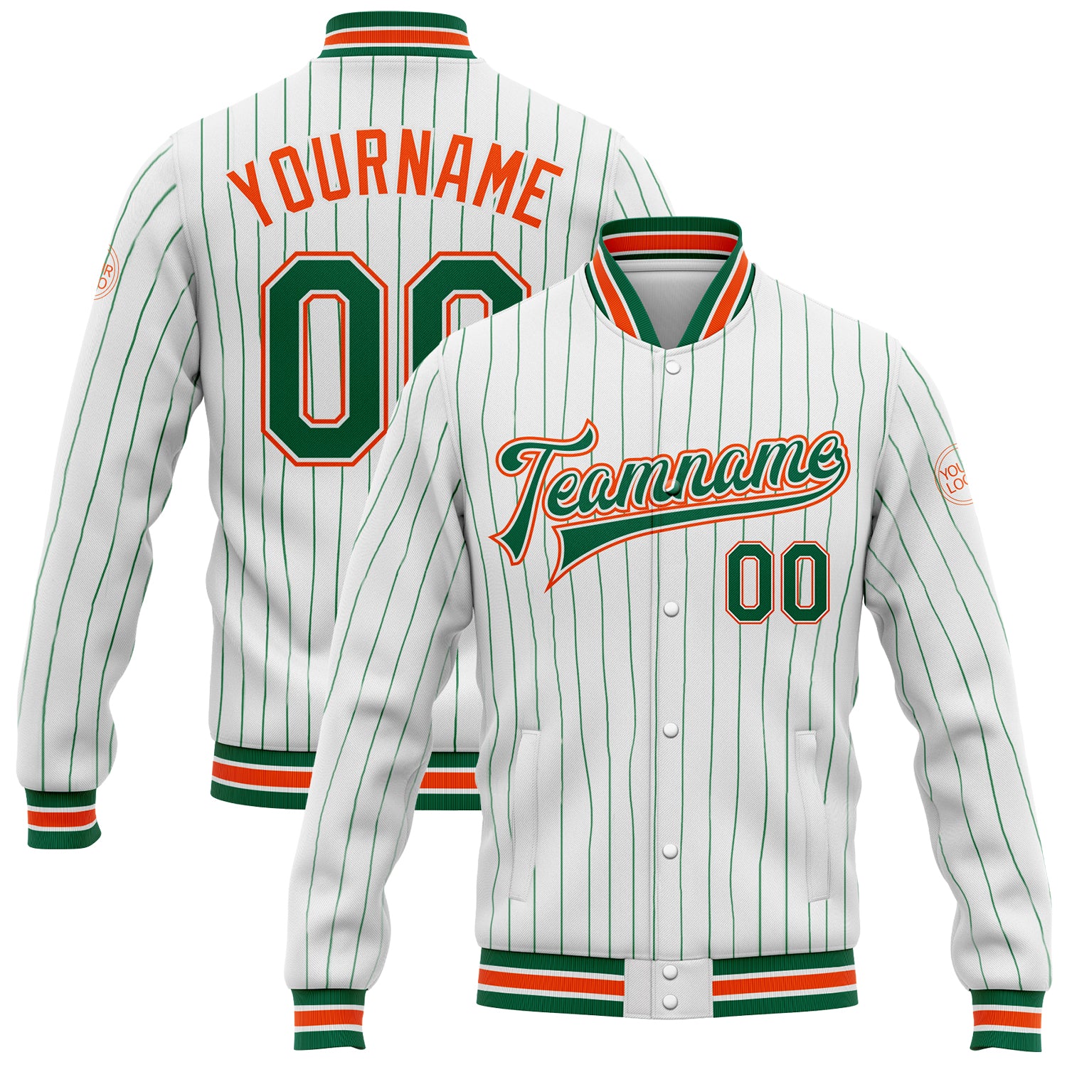 Customizable Pinstripe Bomber Jacket for Team - Personalized White Kelly Green Varsity Full-Snap with Name & Number Personalized