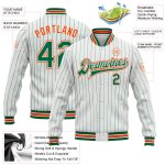 Customizable Pinstripe Bomber Jacket for Team - Personalized White Kelly Green Varsity Full-Snap with Name & Number Personalized